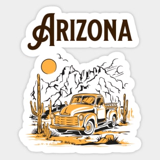 Arizona | Vintage Line Art Of Old Truck & Desert Cactus Sticker